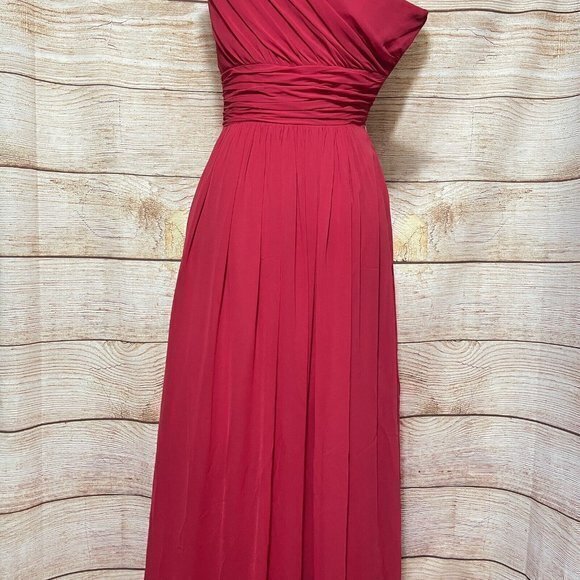 After Six Parisian Red K505 One Shoulder Chiffon Shirred Front Slit Maxi Gown‎ - Picture 9 of 9